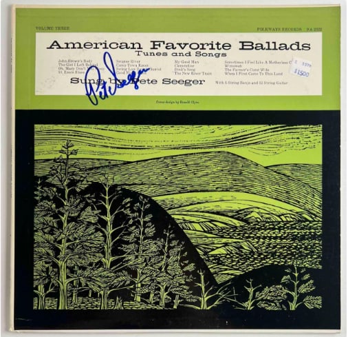 Pete Seeger Signed "American Favorite Ballads" Album (Beckett/BAS Authentication): "American Favorite Ballads" album signed on the cover in blue felt tip marker by musician Pete Seeger. Measuring approximately 12" x 12" and in very good to fine condition, with some scattered wear.