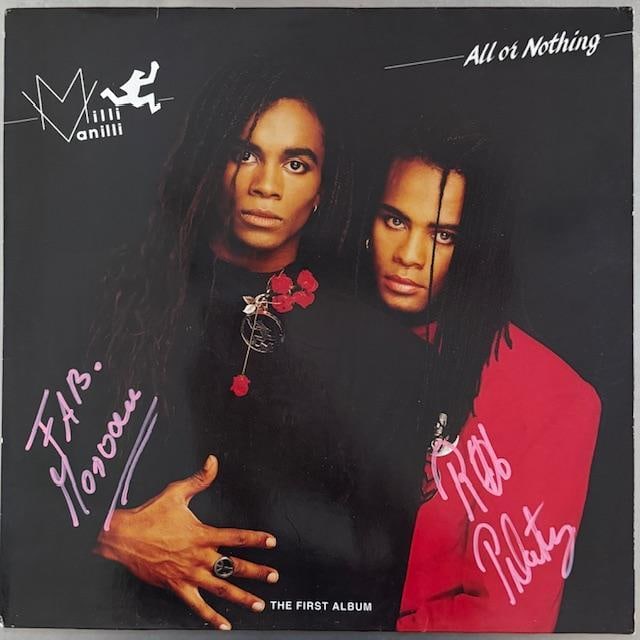 Milli Vanilli Group Signed "All or Nothing (The First Album)" LP Album (2 Sigs) (JSA Auth.): “All or Nothing (The First Album)” LP signed on the cover in pink paint marker by Milli Vanilli members Rob Pilatus and Fab Morvan. Measuring approximately 12" x 12" and in fine