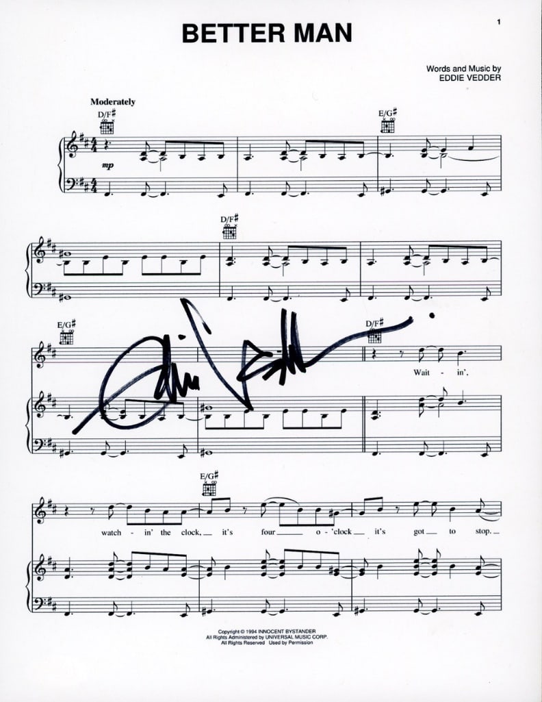 Pearl Jam: Eddie Vedder Signed 11" x 8.5" "Better Man" Lyric Sheet (ACOA Authentication) (1 of 1)