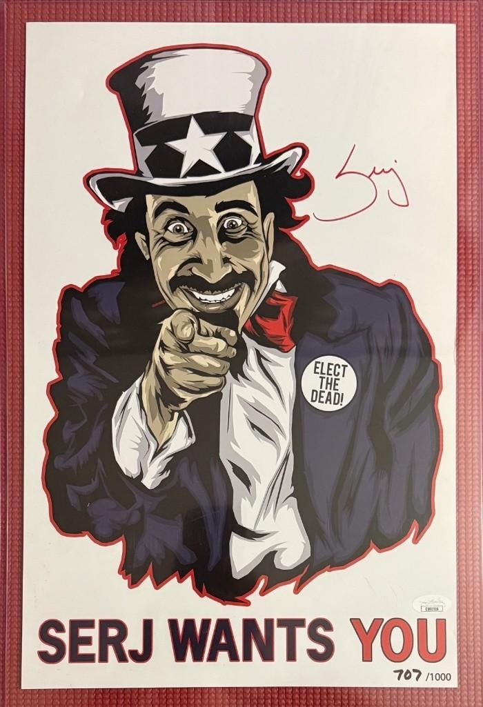 System of a Down: Serj Tankian Signed Slabbed 18" x 12" Poster (JSA Authentication): Color slabbed 18" x 12" poster signed in red felt tip marker by System of a Down band member Serj Tankian. Poster is numbered 707/1000. In fine condition. Accompanied by a JSA COA (#CB80516).