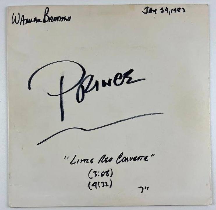 Prince Vintage "Little Red Corvette" Original 1983 Acetate Disc: Rare Warner Bros. single-sided acetate disc for Prince's "Little Red Corvette" 45 RPM single. Disc label reads "Prince, Warner Bros, REC 45 RPM, 2/24/83 Stereo, Little Red Corvette, 4.32" and included