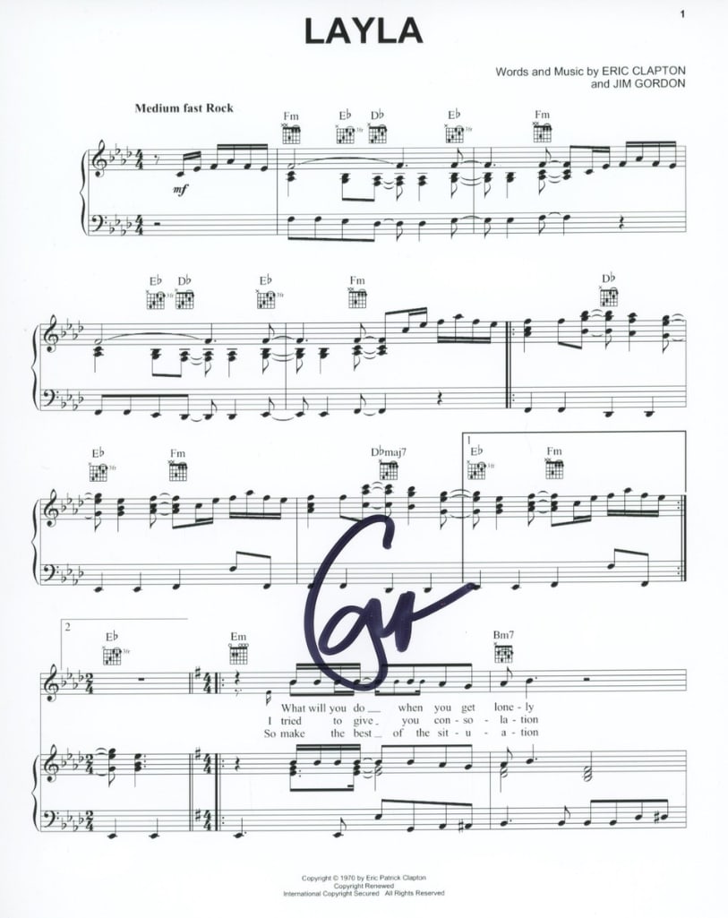 Eric Clapton Signed 10" x 8" "Layla" Lyric Sheet (ACOA Authentication) (1 of 1)