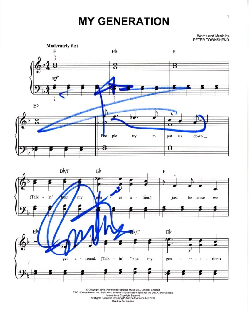 The Who Group Signed 11" x 8.5" "My Generation" Sheet Music (2 Sigs) (ACOA Authentication): White lined 11" x 8.5" "My Generation" sheet music page printed on card stock paper and signed in blue felt tip marker by The Who band members Roger Daltrey and Pete Townshend. In fine condition. Obta