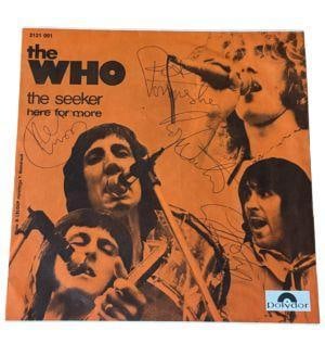 The Who Vintage Fully Group Signed "The Seeker/Here For More" French 45 (4 Sigs) (JSA LOA): An exceptionally rare and highly sought-after French 45 picture sleeve for “The Seeker/Here For More” signed on the cover in blue ballpoint pen by all four members of The Who: Roger