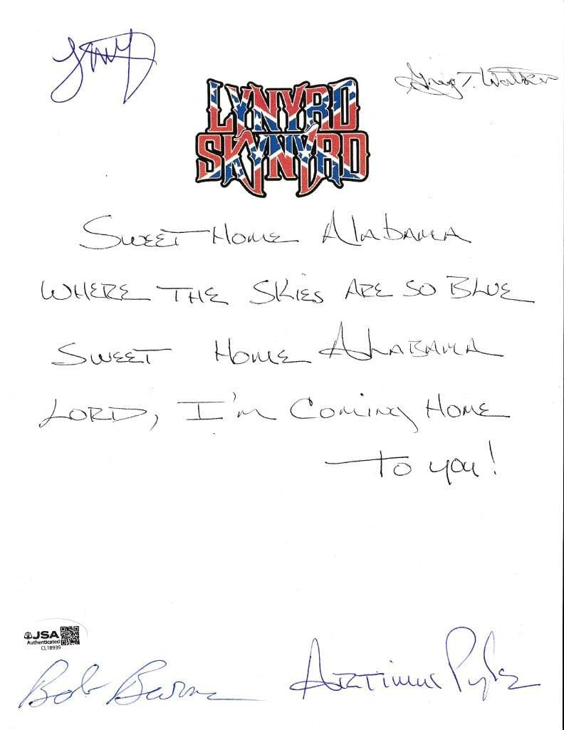 Lynyrd Skynyrd Group Signed Hand-Written 10" x 8" "Sweet Home Alabama" Lyrics (4 Sigs) (JSA) (1 of 1)