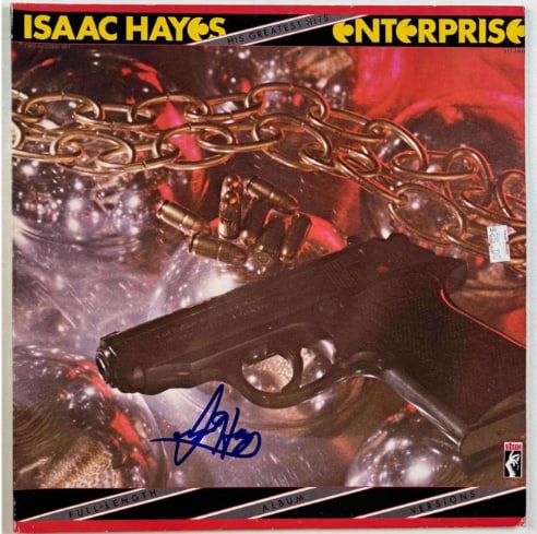 Isaac Hayes Signed "His Greatest Hits" Album (Beckett/BAS Authentication): "His Greatest Hits" album signed on the cover in blue felt tip marker by musician Isaac Hayes. Measuring approximately 12" x 12" and in very good condition, with some corner wear. Record is not