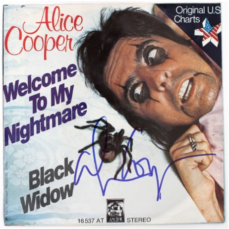 Alice Cooper Signed “Welcome to My Nightmare” 45 (Beckett/BAS Authentication): “Welcome To My Nightmare” 45 signed on the cover in blue felt tip marker by musician Alice Cooper. Measuring approximately 7" x 7" and in fine condition. Record is included. Obtained