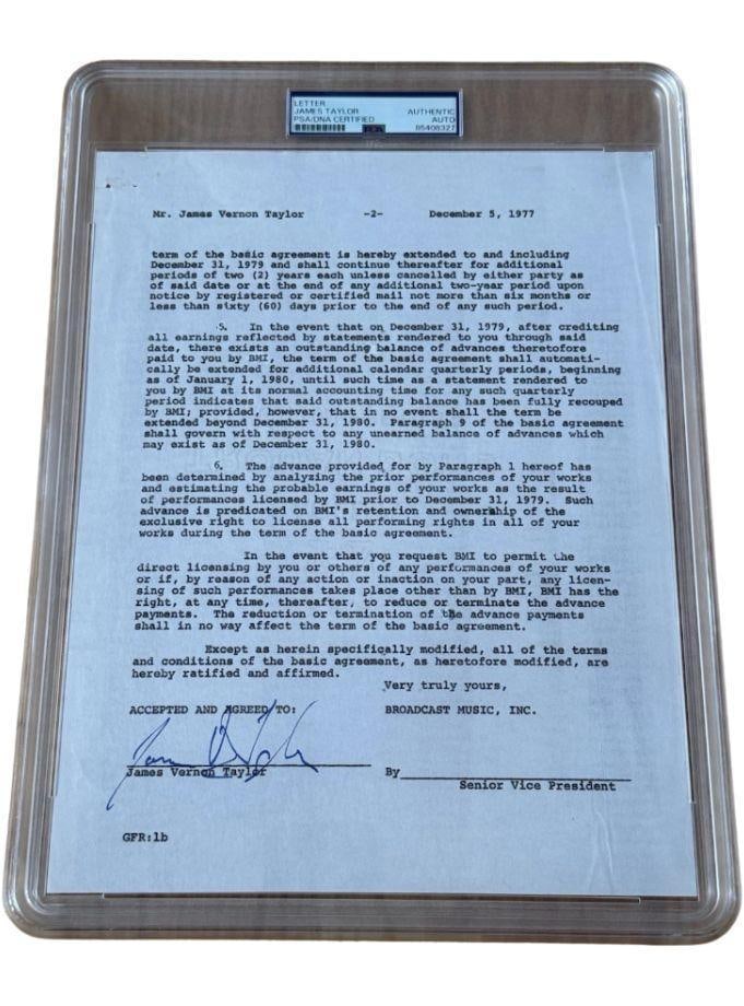 James Taylor Signed Slabbed 11" x 8.5" Broadcast Music Inc. 1977 Contract (PSA/DNA) (1 of 3)