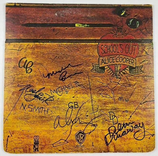 Alice Cooper Band Fully Group Signed "School's Out" Album (4 Sigs) (Beckett): "School's Out" album signed on the cover in black felt tip marker by Alice Cooper band members Alice Cooper, Dennis Dunaway, Michael Bruce, and Neal Smith. Measuring approximately 12" x 12" and in ver