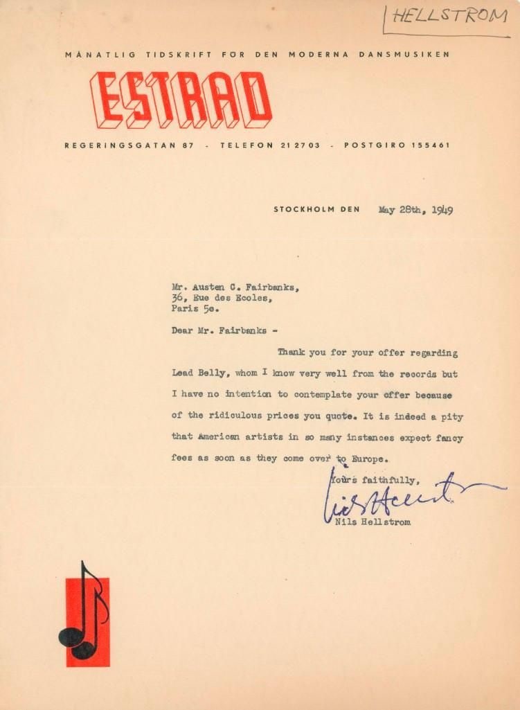 Huddie “Lead Belly” Ledbetter 1949 Estrad Magazine Letter Discussing Performance Fees in (1 of 1)