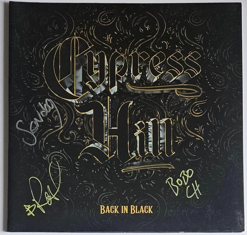 Cypress Hill Signed "Back in Black" Album (3 Sigs) (TPG): "Back in Black" album signed on the cover in gold and silver felt tip markers by Cypress Hill band members B-Real, Sen Dog, and Eric Bobo. Measuring approximately 12" x 12" and in fine condition.