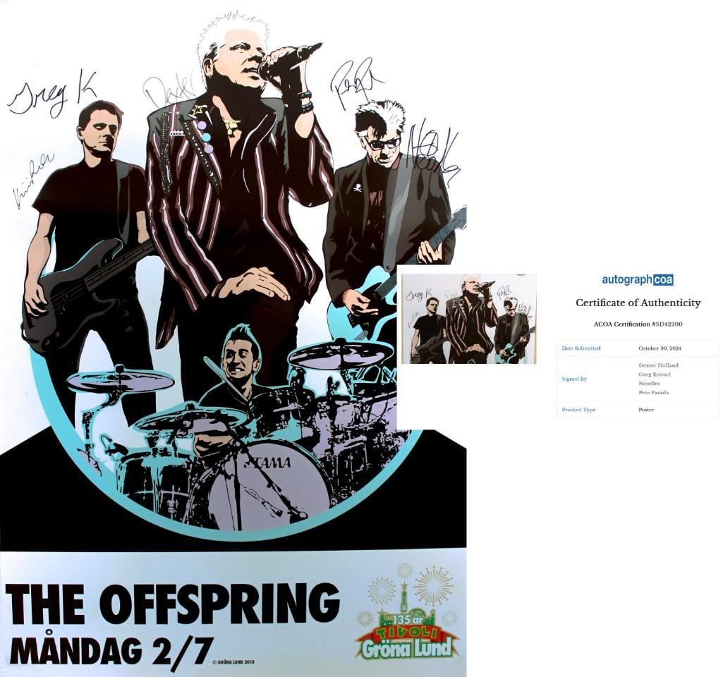 Offspring Signed 36" x 24" Concert Poster (4 Sigs) (ACOA): Color 36" x 24" concert poster signed in black felt tip marker by Offspring band members Dexter Holland, Greg Kriesel, Noodles, and Pete Parada. In fine condition. Accompanied by a full Letter of