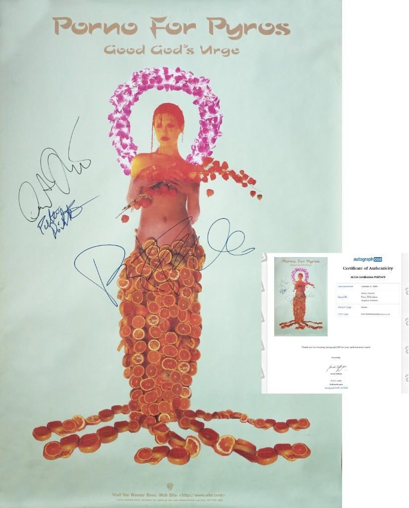 Porno For Pyros Signed 32" x 22" "Good God's Urge" Poster (3 Sigs) (ACOA): Color 32" x 22" "Good God's Urge" album poster signed in blue and black felt tip markers by Porno For Pyros band members Perry Farrell, Stephen Perkins, and Peter DiStefano. In fine condition.