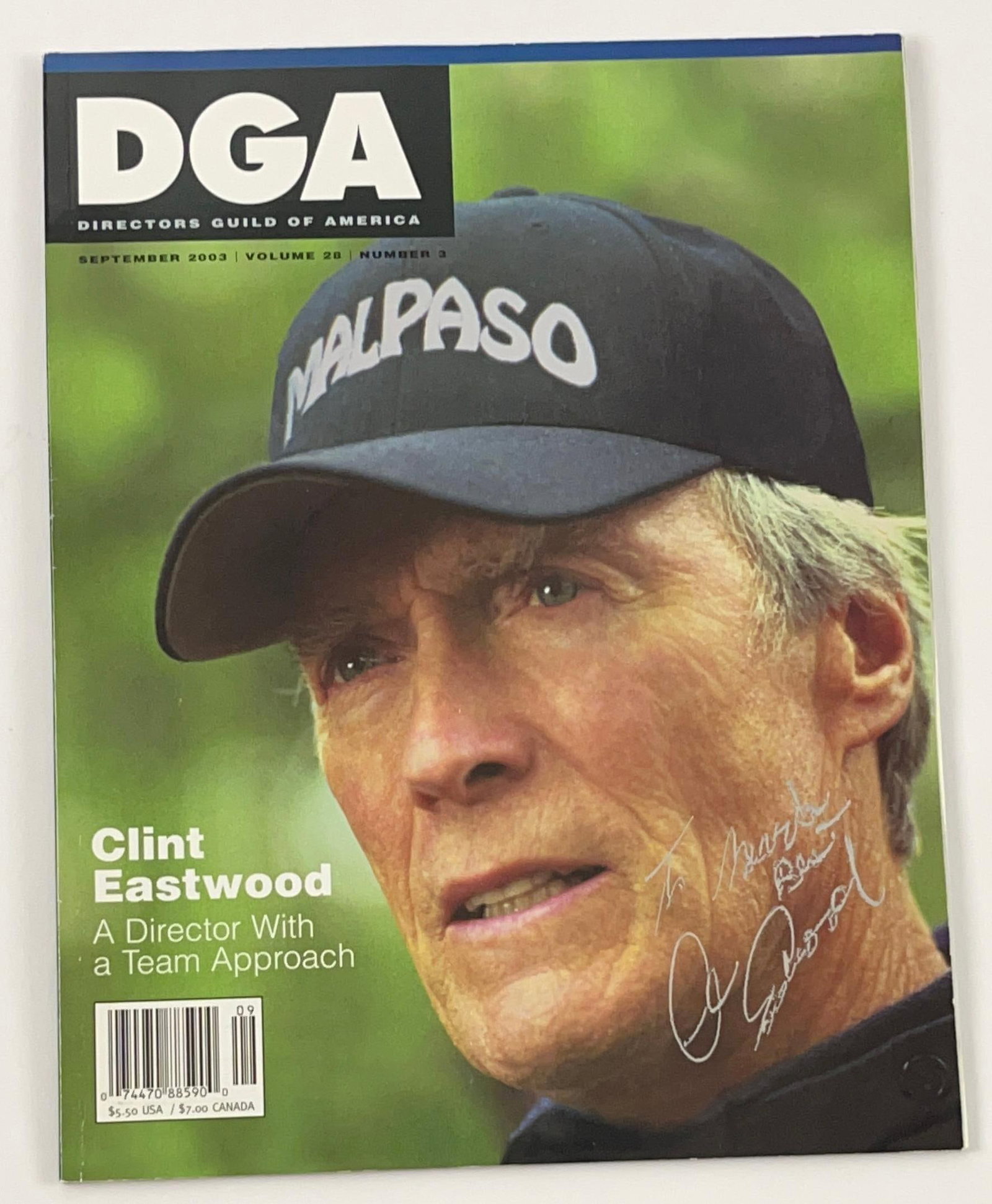 Clint Eastwood Signed Director's Guild of America Magazine (TPG): Color 11" x 8.5" Director's Guild of America magazine Vol. 28 #3 signed on the cover in silver felt tip marker by actor and director Clint Eastwood. In fine condition.ProvenanceEaton & Brennan