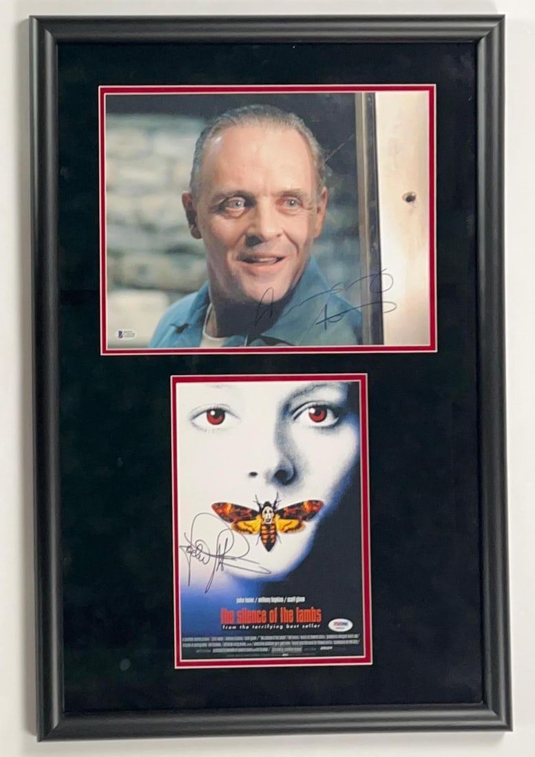Silence of the Lambs: Anthony Hopkins & Jodie Foster Signed Display (Beckett & PSA): Color 30.5" x 20.25" framed display of one photo and one mini poster from the film "The Silence of the Lambs" each signed in black and blue felt tip marker by actors Anthony Hopkins and Jodie Fos