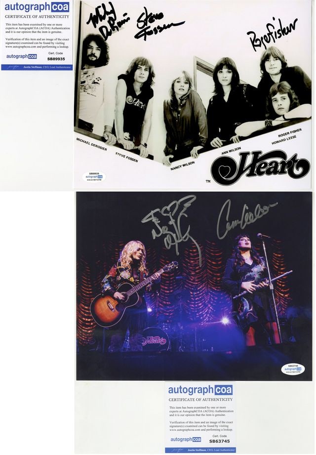 Heart Signed Set of 2X 8" x 10" Photos (5 Sigs) (ACOA): Set of two 8" x 10" photos each signed by different Heart band members. One black-and-white 8" x 10" press photo signed in black felt tip marker by Heart band members Roger Fisher, Mike DeRosier, and 