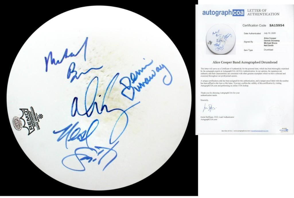 Alice Cooper Band Signed Concert-Used Remo Brand Drum Head & Stick (4 Sigs) (ACOA) (1 of 2)