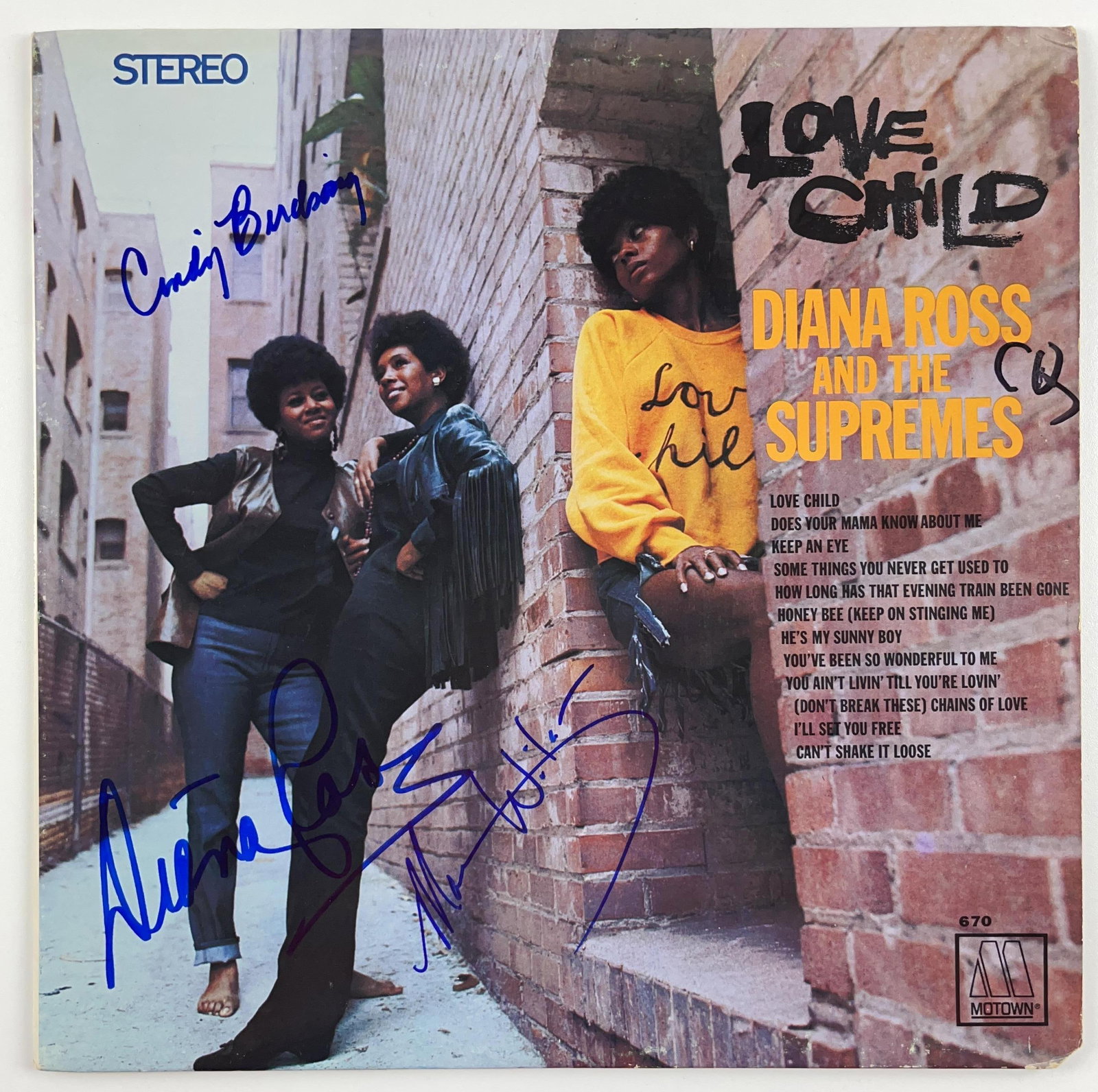 Diana Ross & The Supremes Group Signed "Love Child" Album (3 Sigs) (Beckett Authentication): "Love Child" album signed on the cover in blue felt tip marker by The Supremes: Diana Ross, Mary Wilson, and Cindy Birdsong. Measuring approximately 12" x 12" and in fine condition. Record is not incl