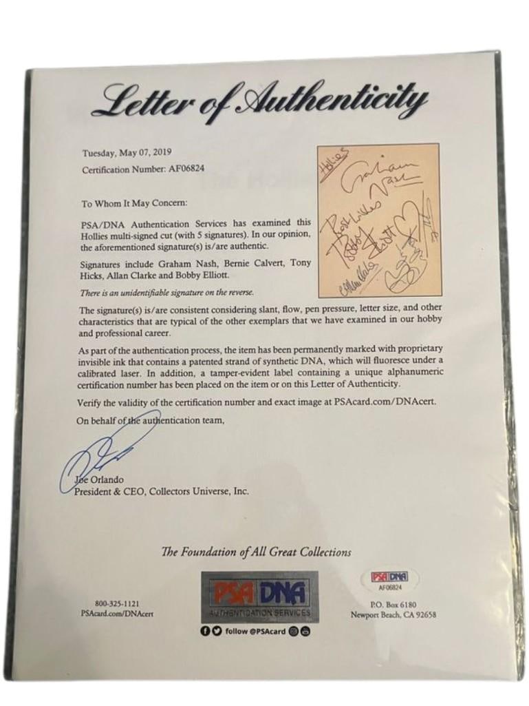 The Hollies Fully Group Signed 7" x 8.75" Paper Cut (5 Sigs) (PSA DNA Authentication) - 2