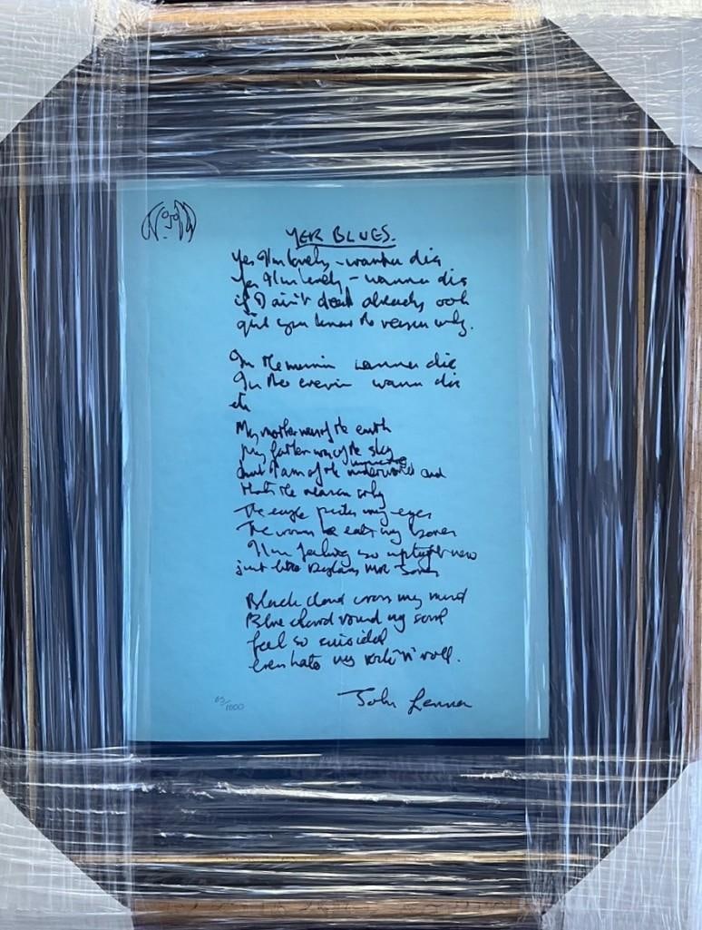 The Beatles "Yer Blues" Print of John Lennon's Lyrics Framed Display: Nicely framed limited edition silkscreen print of John Lennon's handwritten lyrics for the Beatles’ White Album classic “Yer Blues.” This striking piece is hand-numbered 65 out of
