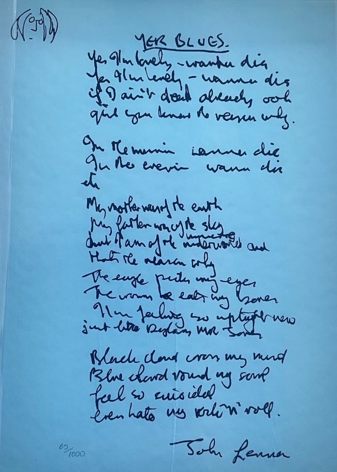 The Beatles "Yer Blues" Print of John Lennon's Lyrics Framed Display - 2