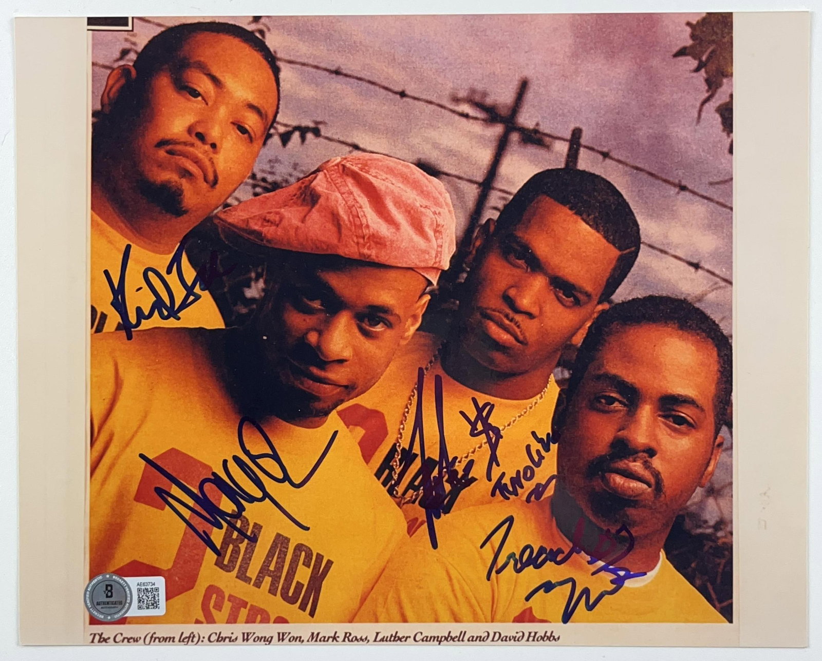 2 Live Crew Group Signed 8" x 10" Promo Photo (4 Sigs) (Beckett Authentication): Color 8" x 10" promotional photo signed in black felt tip marker by 2 Live Crew band members Chris Wong Won, signing as "Kid Ice," Luther Campbell, signing as "Luke," David Hobbs, and Mark Ross. In