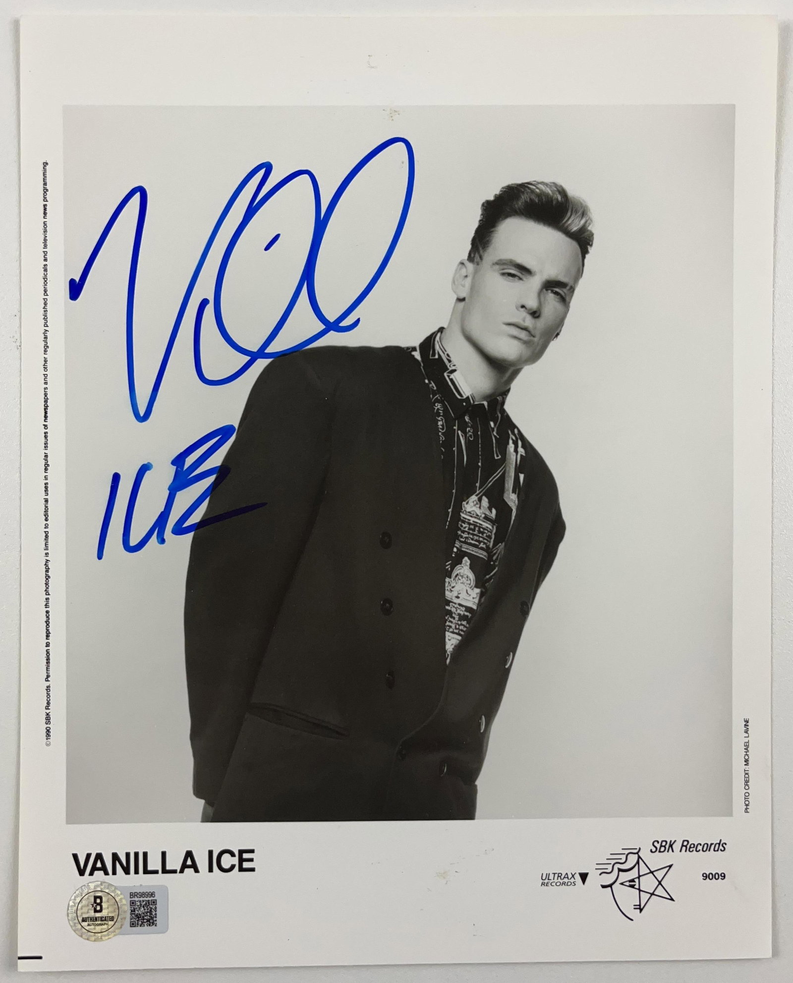 Vanilla Ice Signed 10" x 8" Promo Photo (Beckett Authentication): Black-and-white 10" x 8" promotional photo signed in blue felt tip marker by musician Vanilla Ice. In fine condition. Authenticated by Beckett, with their official hologram affixed to the front