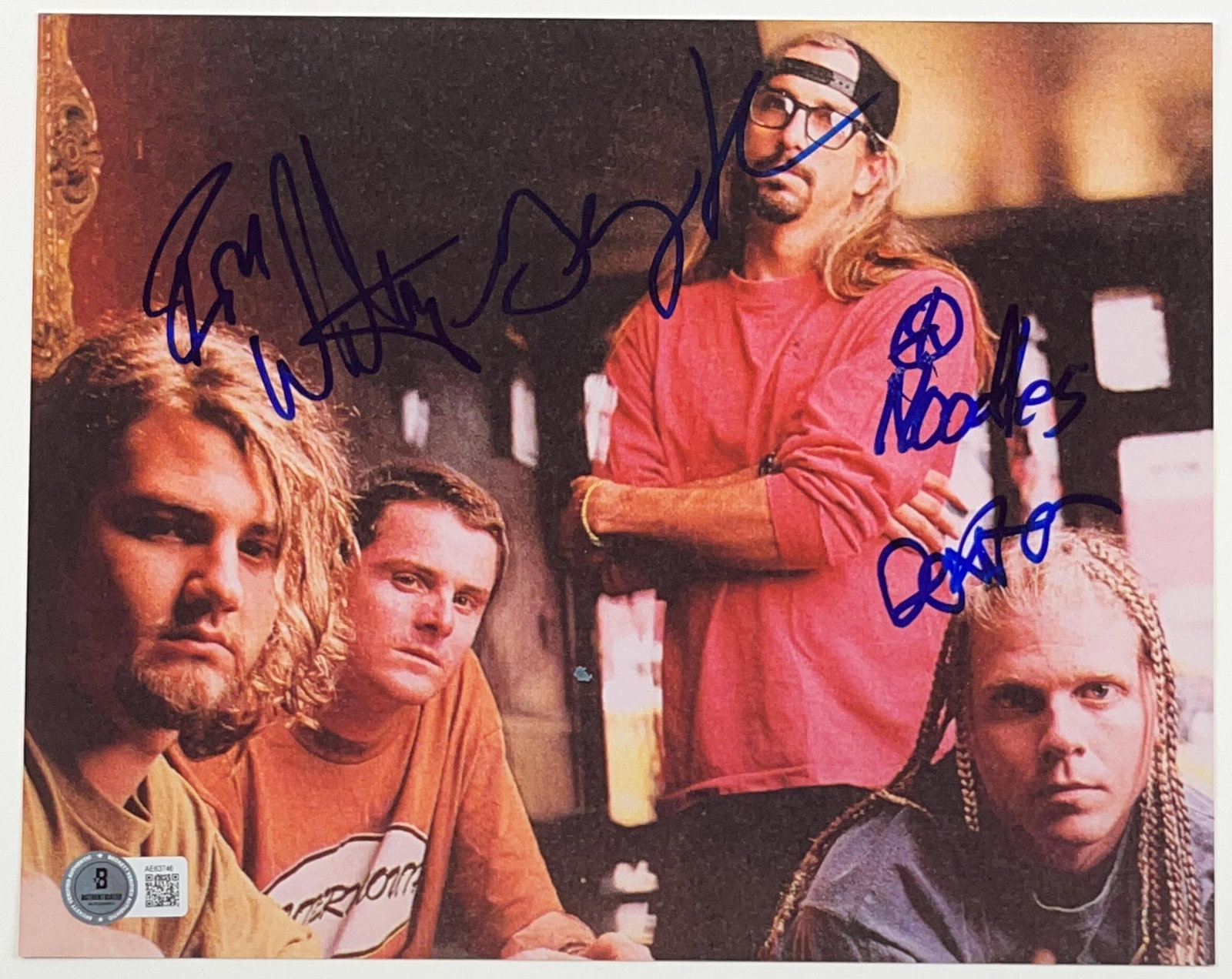 The Offspring Group Signed 8" x 10" Photo (4 Sigs) (Beckett Authentication): Color 8" x 10" photo signed in blue felt tip marker by The Offspring band members Bryan "Dexter" Holland, Kevin "Noodles" Wasserman, Ron Welty, and Greg K. In fine condition. Accompanied by a full Let