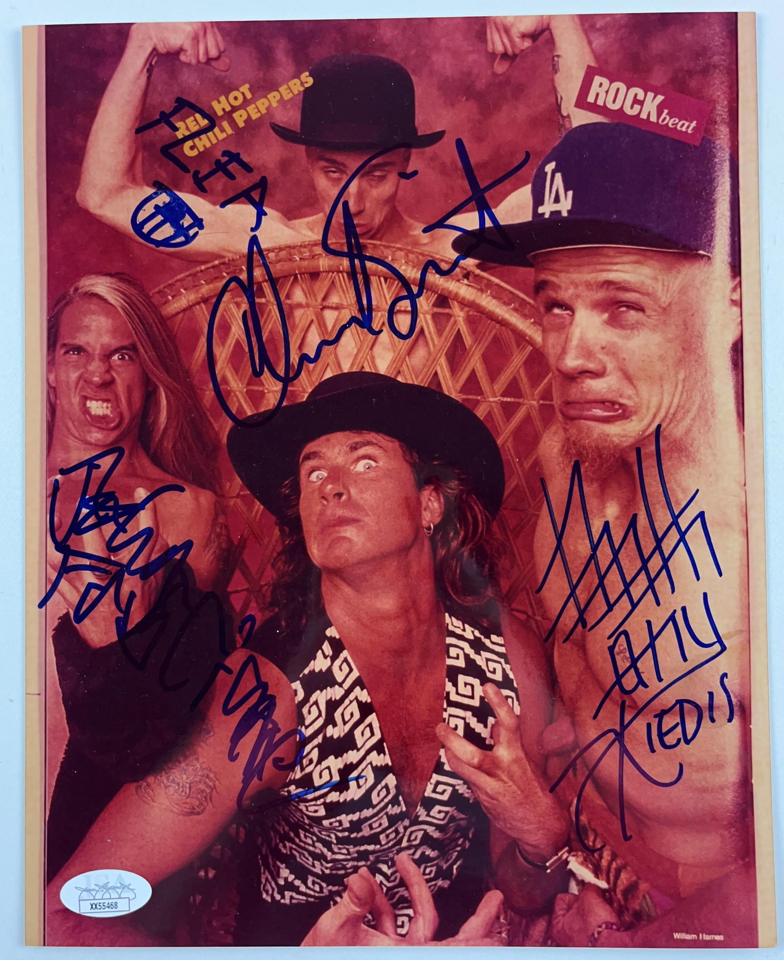 Red Hot Chili Peppers Group Signed 10" x 8" Photo (4 Sigs) (JSA Authentication): Scarce 1990s vintage-signed color 10" x 8" photo signed in blue felt tip marker by Red Hot Chili Peppers band members Anthony Keidis, Flea, Chad Smith, and John Frusciante. In fine condition. Accompan