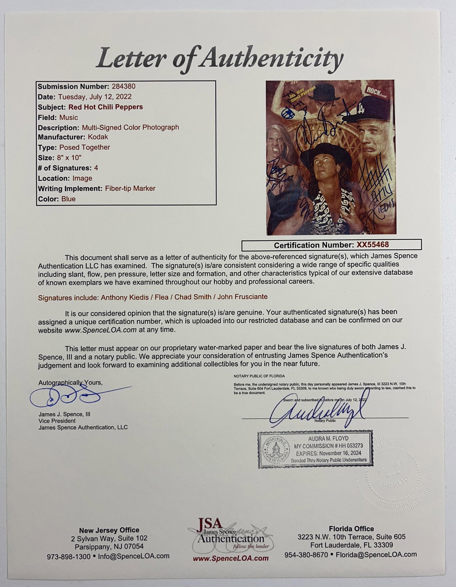 Red Hot Chili Peppers Group Signed 10" x 8" Photo (4 Sigs) (JSA Authentication) - 2