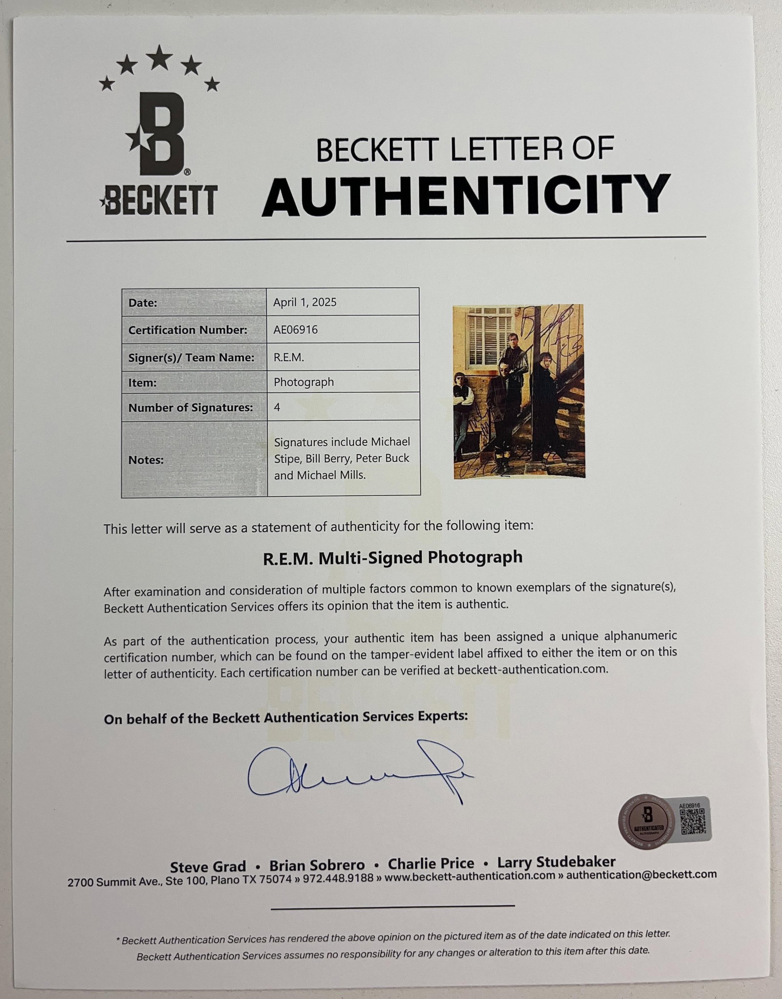 R.E.M. Group Signed 10" x 8" Photo (4 Sigs) (Beckett Authentication) - 6