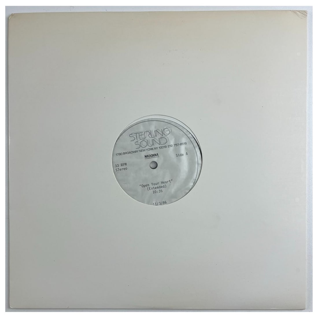 Madonna Original "Open Your Heart (Extended)" 1986 Acetate Disc - 2