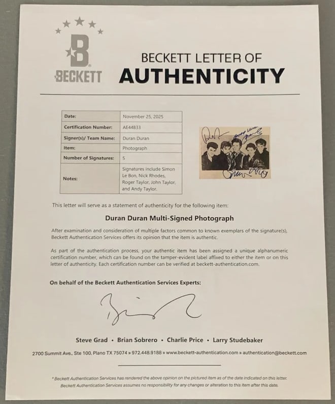 Duran Duran Group Signed 8" x 10" Photo (5 Sigs) (Beckett Authentication) - 2