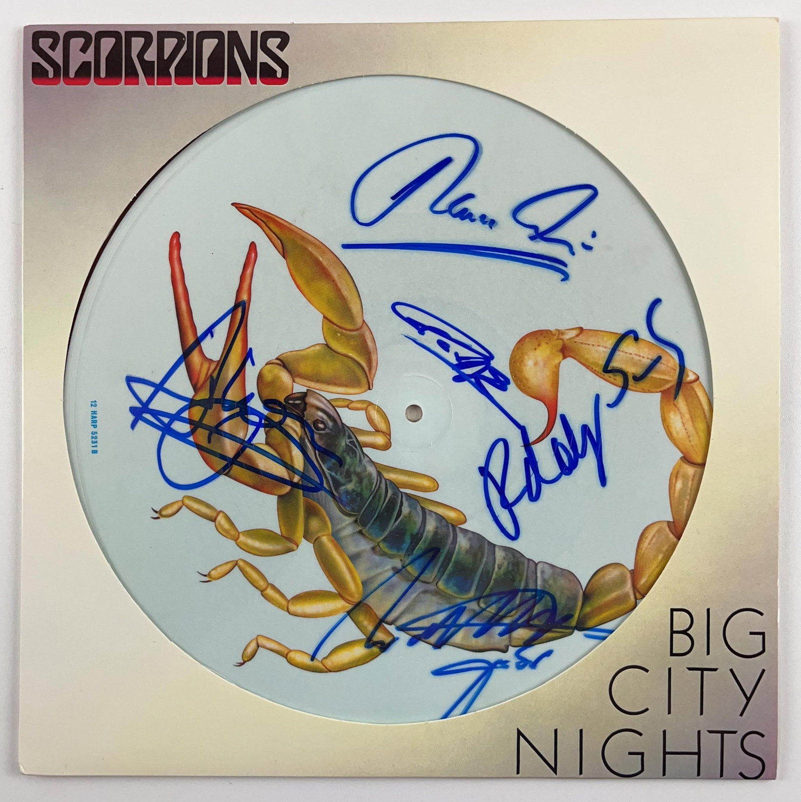Scorpions Group Signed "Big City Nights" Album Picture Disc (5 Sigs (Beckett): "Big City Nights" album picture disc signed on the cover in blue felt tip marker by Scorpions band members Rudolph Schenker, Klaus Meine, Matthias Jabs, Francis Buchholz, and Herman Rarebell. Measurin