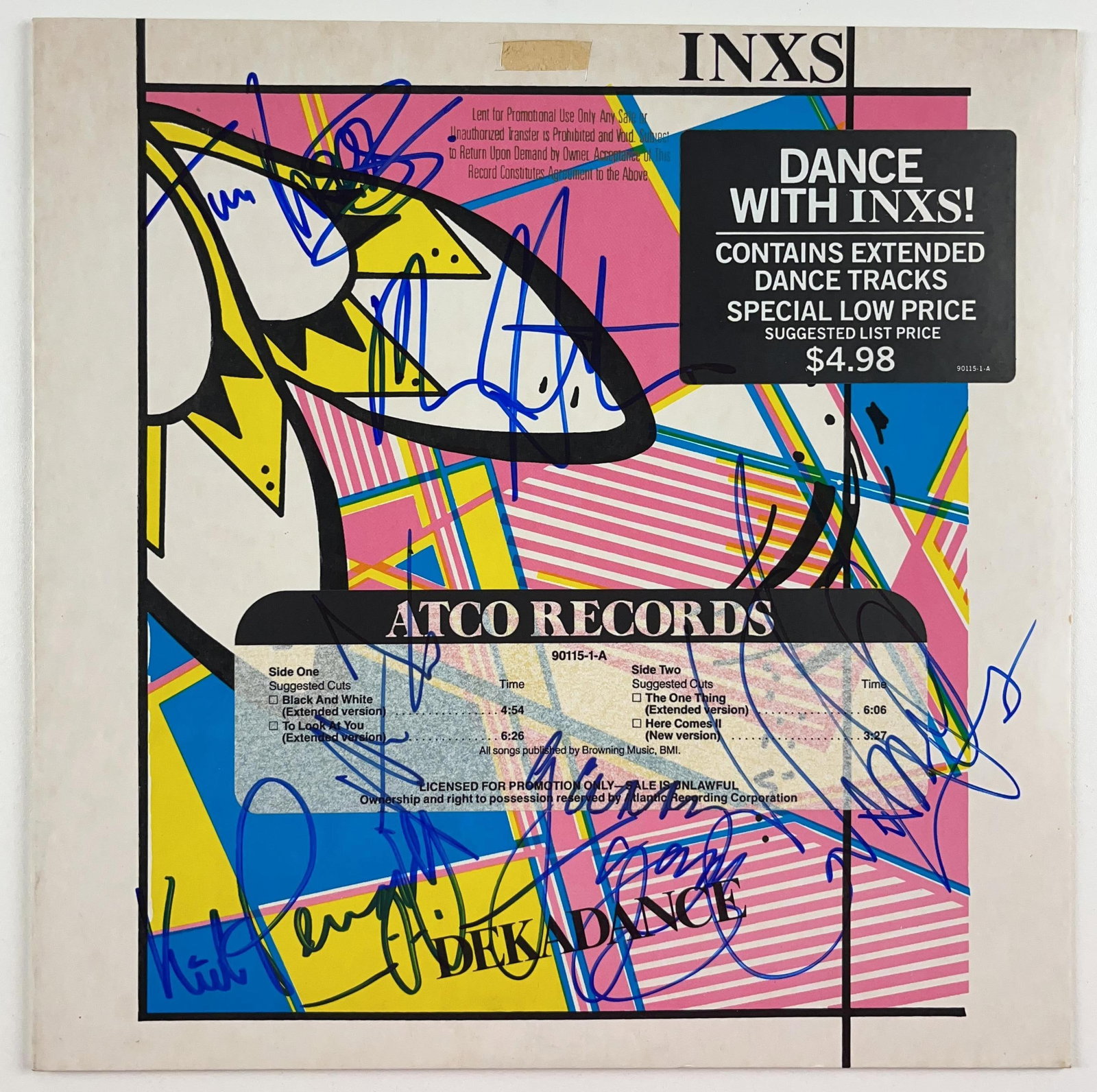 INXS Group Signed "Black and White" EP Album (6 Sigs) (Beckett Authentication): Scarce "Black and White" EP album signed on the cover in blue felt tip marker by INXS band members Michael Hutchence, Kirk Pengilly, Garry Gary Beers, Tim Farriss, Andrew Farriss, and Jon Farriss. Mea