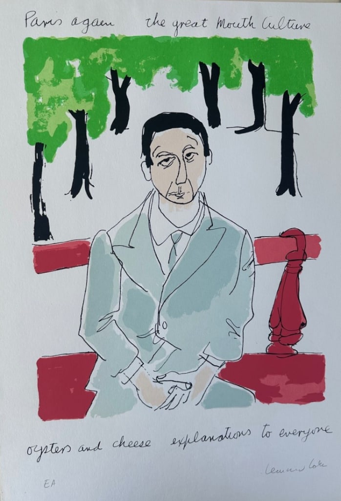 Leonard Cohen Signed 27.5" x 19.5" Lithograph (Third Party Guaranteed): Color 27.5" x 19.5" lithograph signed on the bottom right corner in pencil by musician Leonard Cohen. In fine condition. Provenance Eaton & Brennan Auctions guarantees this lot to pass Third-Party