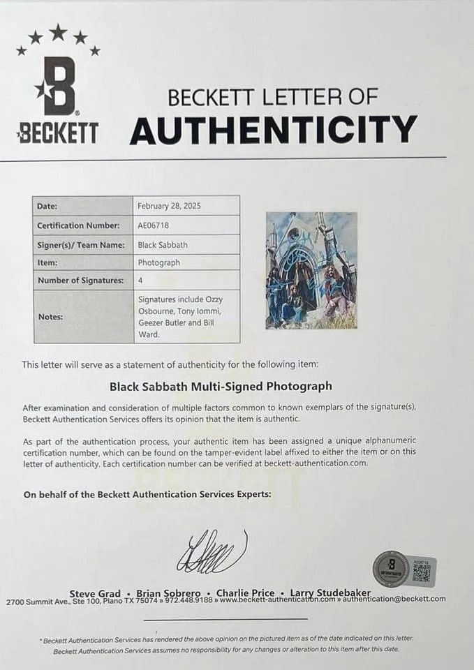 Black Sabbath Group Signed 14" x 11" Photo (4 Sigs) (Beckett Authentication) - 5