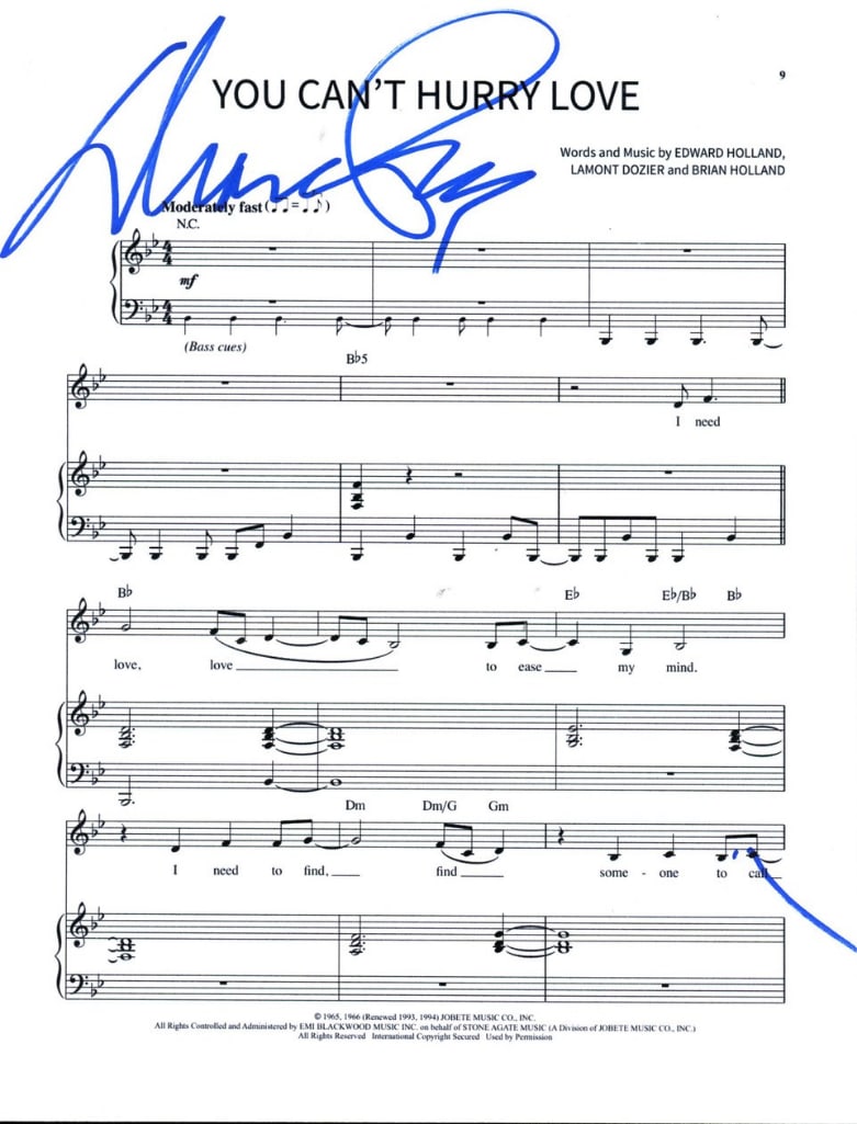 The Supremes: Diana Ross Signed "You Can't Hurry Love" Lyric Sheet (ACOA Authentication): White paper "You Can't Hurry Love" 11" x 8.5" lyric sheet signed in blue felt tip marker by The Supremes singer Diana Ross. In fine condition. Accompanied by an ACOA COA (#SC57669). Obtained