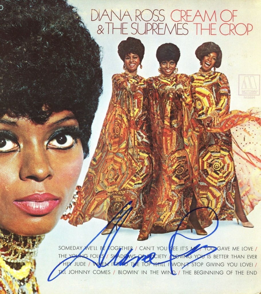 The Supremes: Diana Ross Signed "Cream of the Crop" Album (ACOA Authentication): "Cream of the Crop" album signed on the cover in blue felt tip marker by The Supremes singer Diana Ross. Measuring approximately 12" x 12" and in fine condition. Accompanied by an ACOA COA