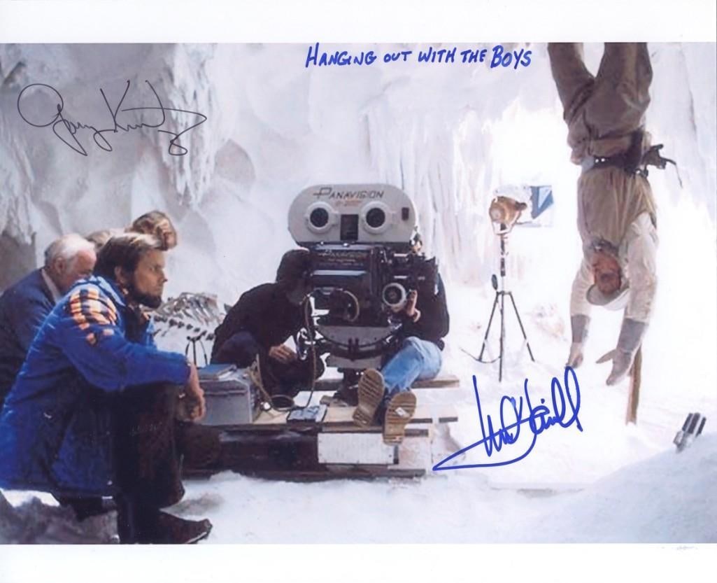 Star Wars: Mark Hamill & Gary Kurtz Signed 8" x 10" Photo (2 Sigs) (Third Party Guaranteed): Color 8" x 10" photo of the behind-the-scenes making of "Star Wars: Empire Strikes Back," signed in blue and black felt tip markers by actor Mark Hamill and producer Gary Kurtz. Hamill added the inscr