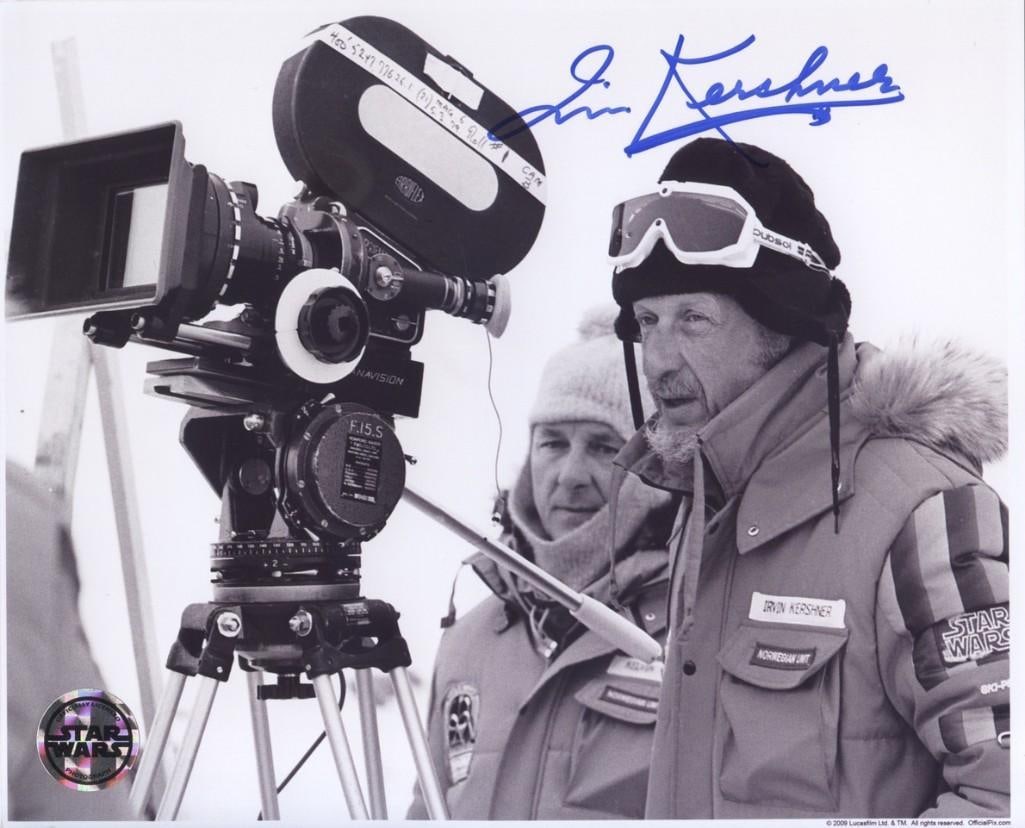 Star Wars: Jim Kershner Signed 8" x 10" Photo (Third Party Guaranteed): Black-and-white 8" x 10" photo of the behind-the-scenes making of the film "Star Wars: Empire Strikes Back," signed in blue felt tip marker by "Star Wars" director Jim Kershner. In fine condition.