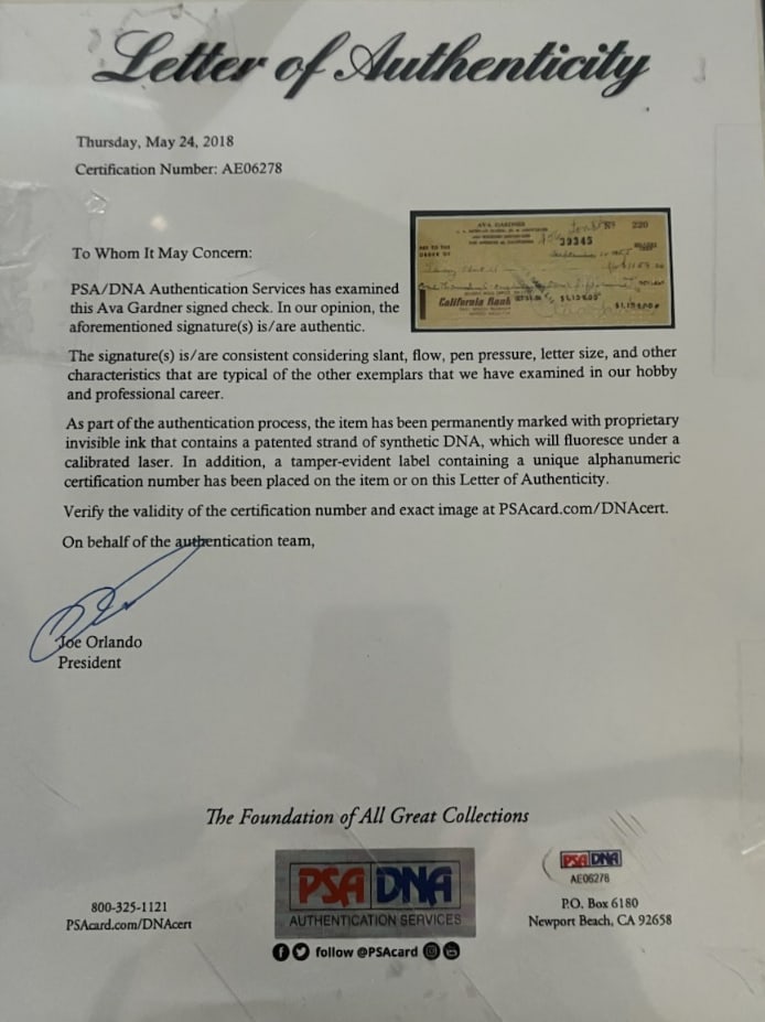 Ava Gardner Signed Check Framed (PSA Authentication) - 3