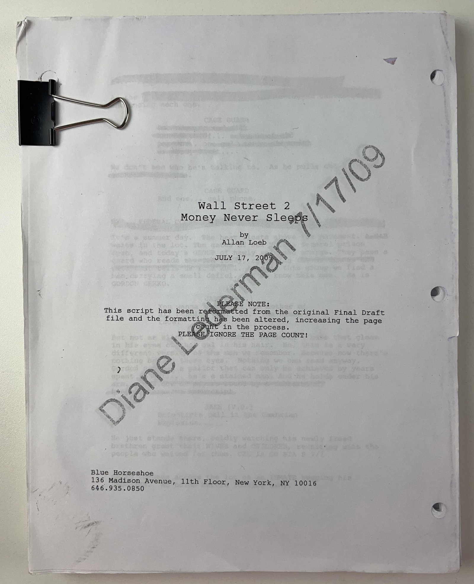 Wall Street 2: Money Never Dies Film Production-Used Script: White paper 11.25" x 8.75," 131-page script for the film "Wall Street 2: Money Never Dies." Dated July 17, 2009, and watermarked with the name "Diane Lederman," a Hollywood set decorator. In very