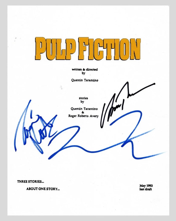 Pulp Fiction Cast Signed Script (3 Sigs) (ACOA Authentication): White paper 14" x 11" Pulp Fiction full script signed on the cover in blue and black felt tip markers by actors Uma Thurman, Tim Roth, and director Quentin Tarantino. In fine condition. Accompanied by