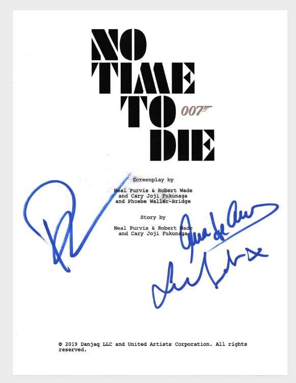 James Bond: No Time to Die Cast Signed Script: Daniel Craig, Ana De Armas (3 Sigs) (ACOA): James Bond "No Time to Die" 11" x 8.5" full script signed in blue felt tip marker by actors Daniel Craig, Ana De Armas, and Lea Seydoux. In fine condition. Accompanied by an ACOA COA (#SB50869). Obtai