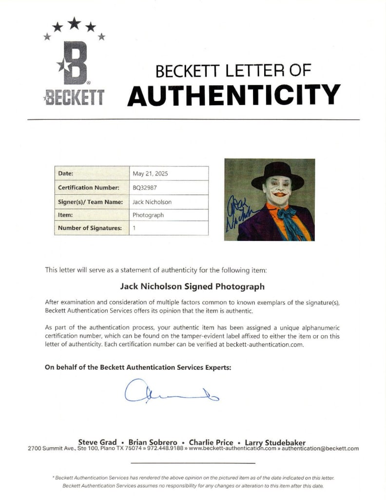 Batman: Jack Nicholson Signed 10" x 8" Photo as the Joker (Beckett Authentication) - 2