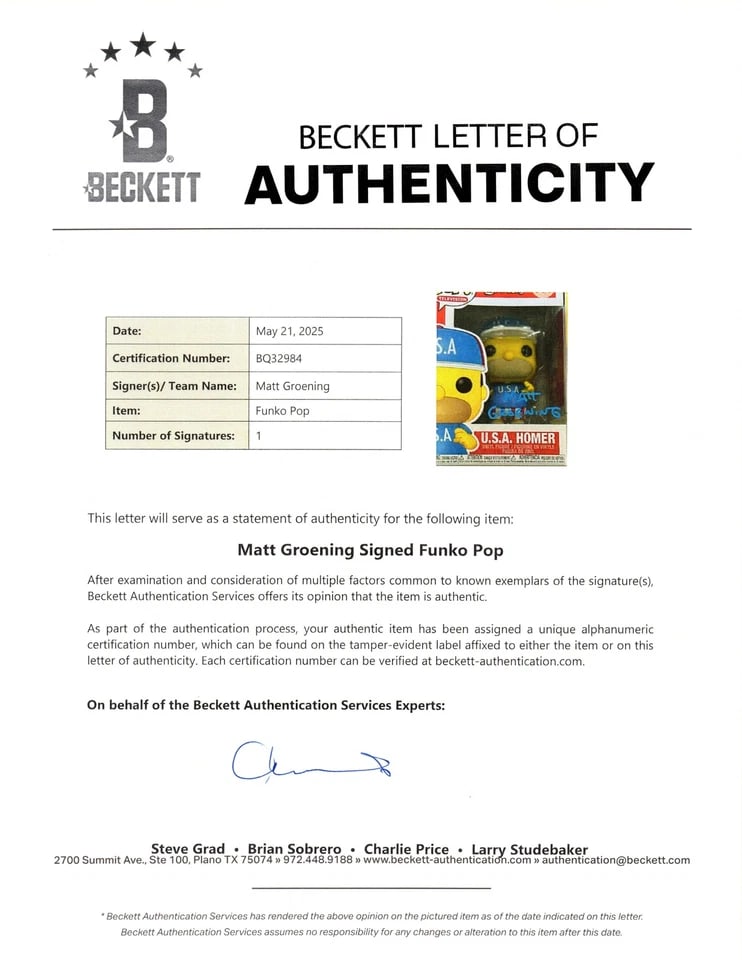 Matt Groening Signed "The Simpsons" Homer Simpson Funko Pop #905 (Beckett Authentication) - 4