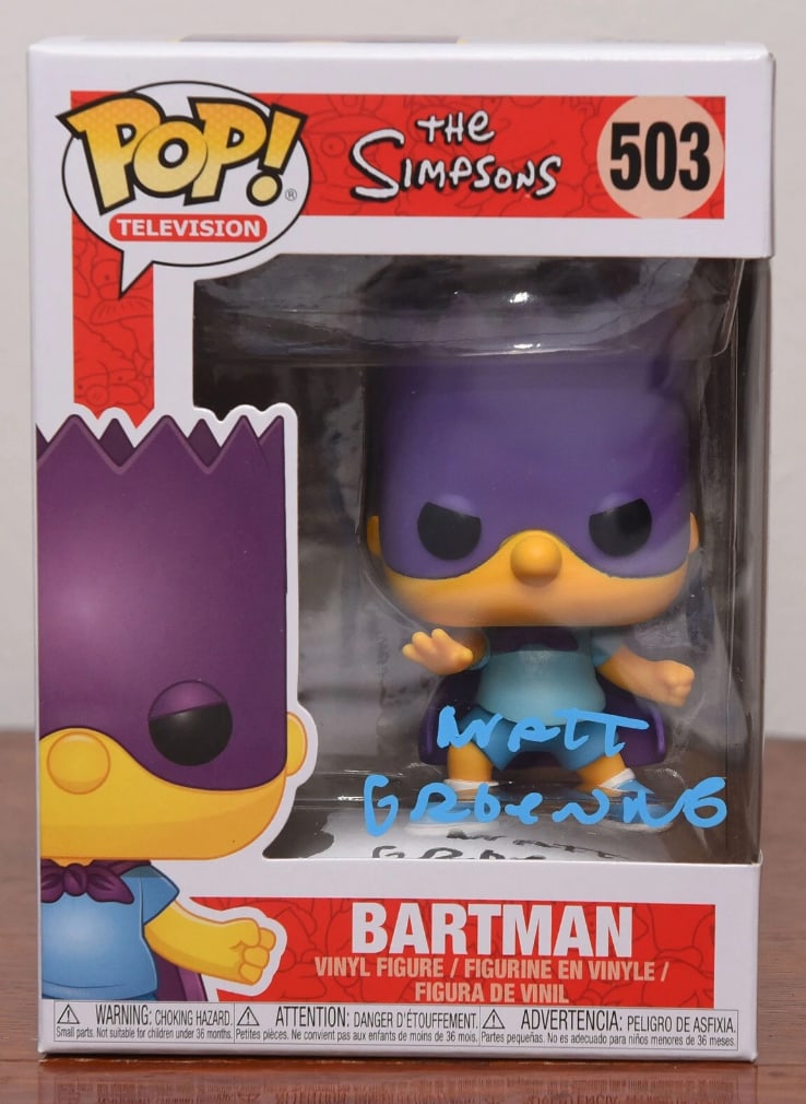 Matt Groening Signed "The Simpsons" Bart Simpson Funko Pop #503 (Beckett Authentication): "The Simpsons" Bart Simpson Funko Pop #503 signed on the front plastic window in blue felt tip marker by animator Matt Groening. Measuring approximately 6.25" x 4.5" x 3.5" and in fine condition. Acco