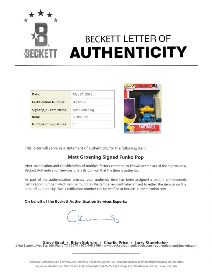 Matt Groening Signed "The Simpsons" Bart Simpson Funko Pop #503 (Beckett Authentication) - 4