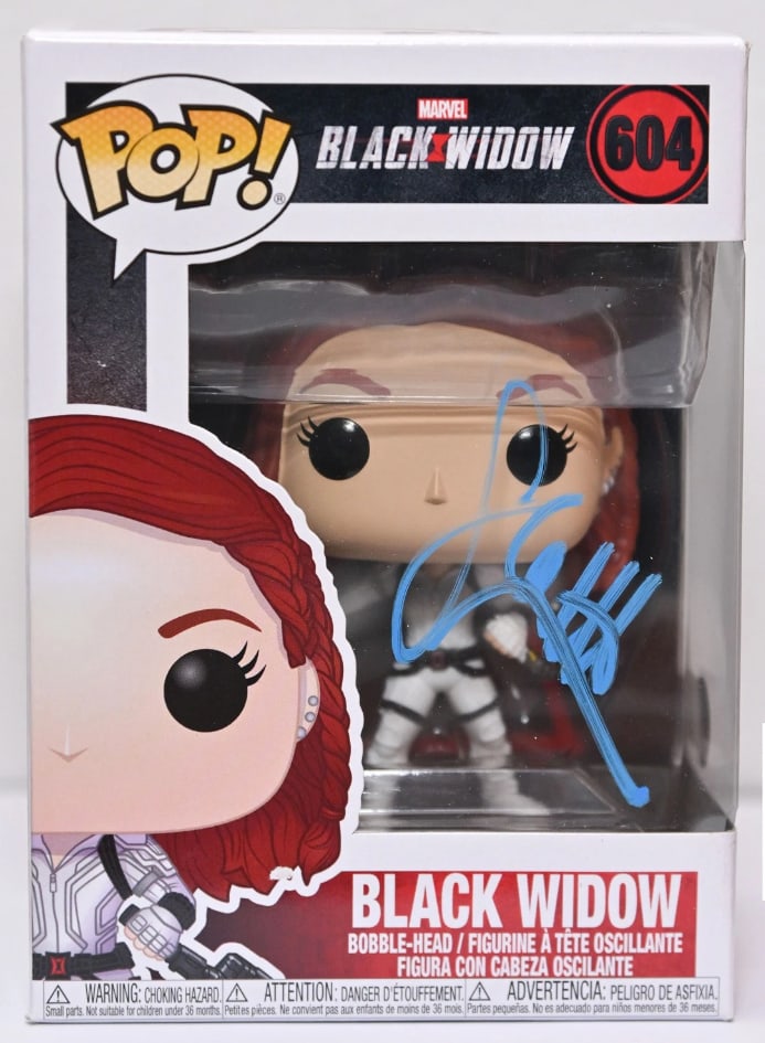 Marvel Avengers: Scarlett Johansson Signed "Black Widow" Funko Pop #604 (Beckett/BAS Authentication): "Black Widow" Marvel Avengers Funko Pop #604 signed on the front plastic window in blue paint pen marker by actress Scarlett Johansson. Measuring approximately 6.25" x 4.5" x 3.5" and in fine conditio